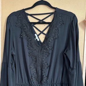 Maurice Black Lace Design With Flared Long Sleeve Blouse